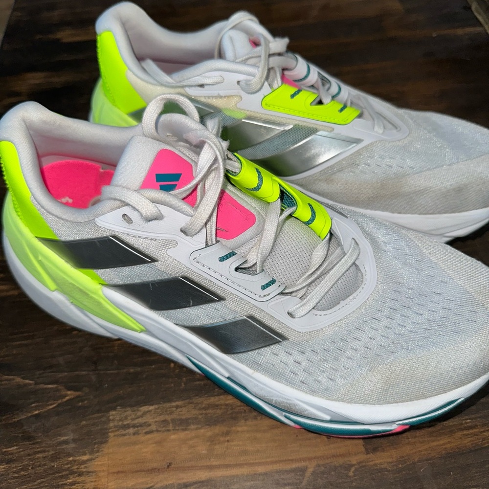 Adidas White Sneakers with Neon and Silver Accents